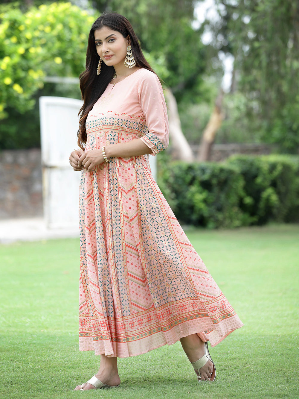 Juniper Peach Georgette Festive Printed Flared Maxi For Women