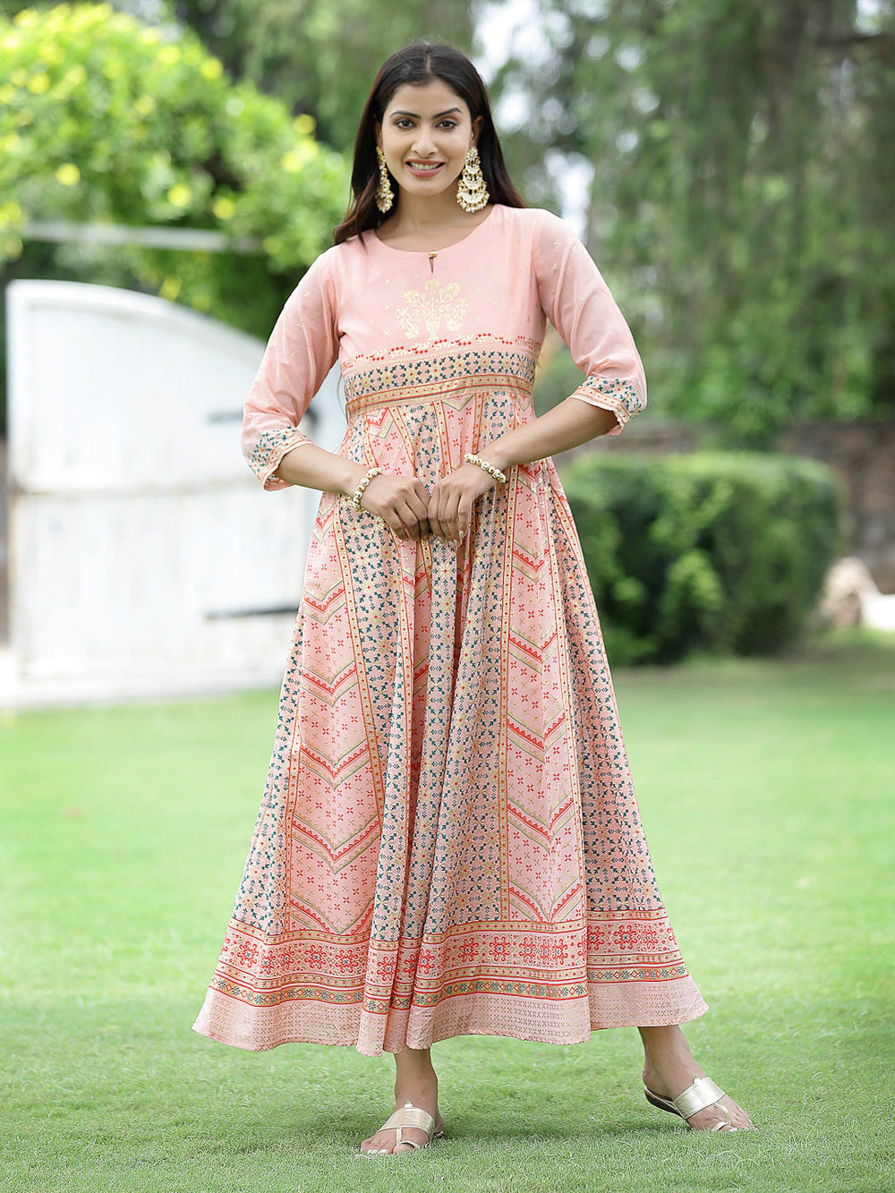 Juniper Peach Georgette Festive Printed Flared Maxi For Women