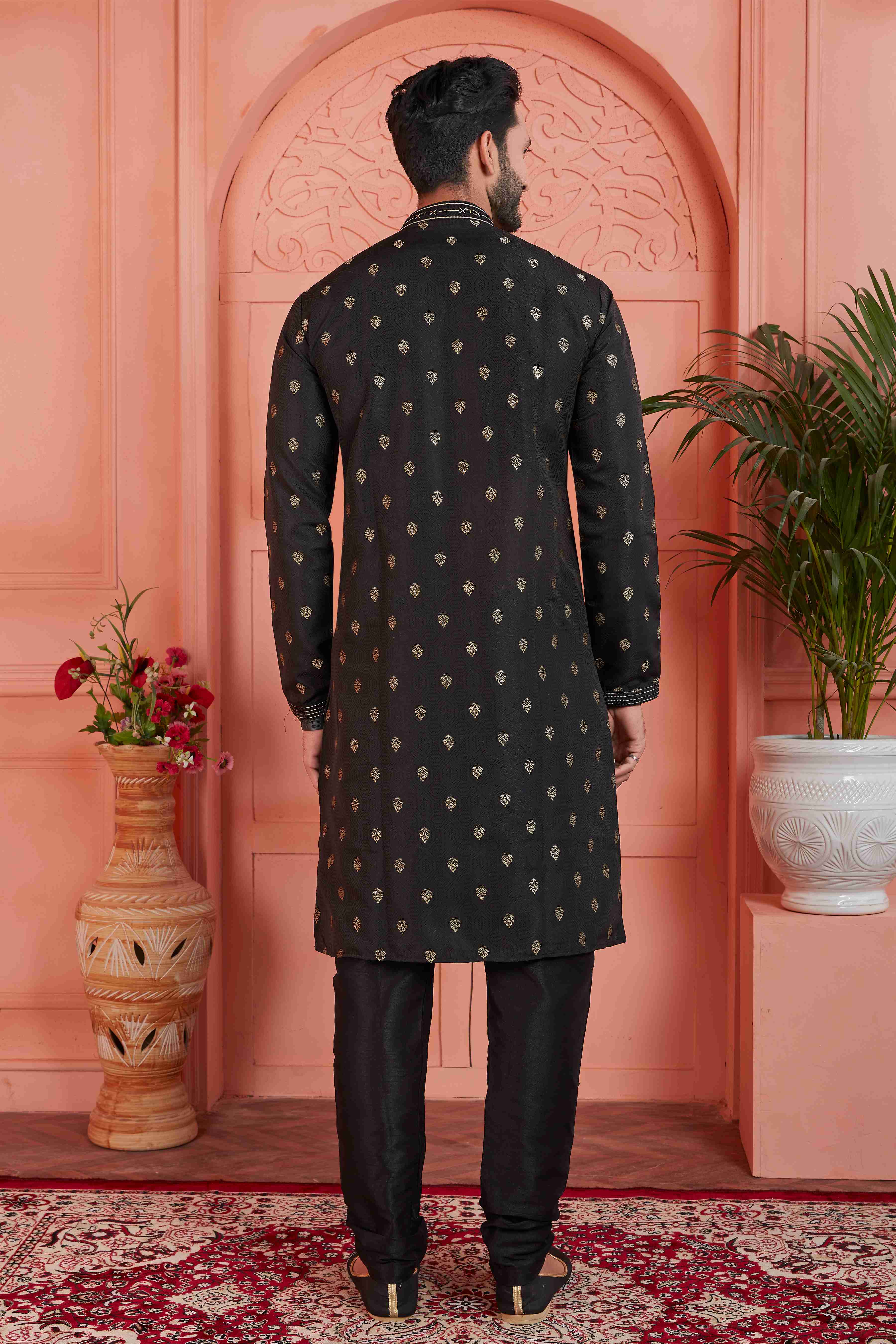Raivat Ethnic Men's Jacquard Silk Brocade Pintux Work Kurta Pyjama In Black Colour