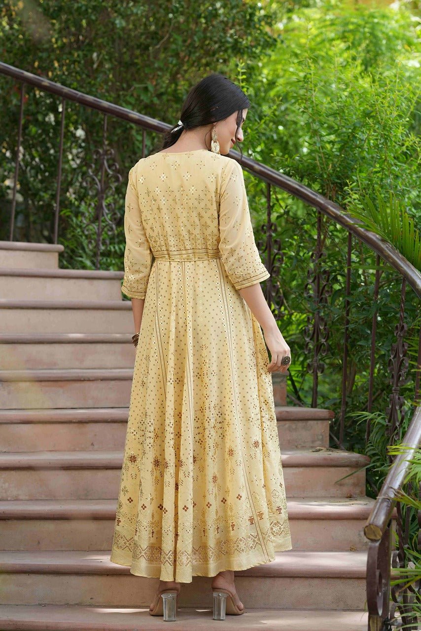 Juniper Light Yellow Georgette Festive Printed Flared Maxi For Women