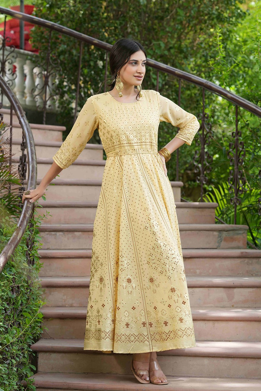 Juniper Light Yellow Georgette Festive Printed Flared Maxi For Women