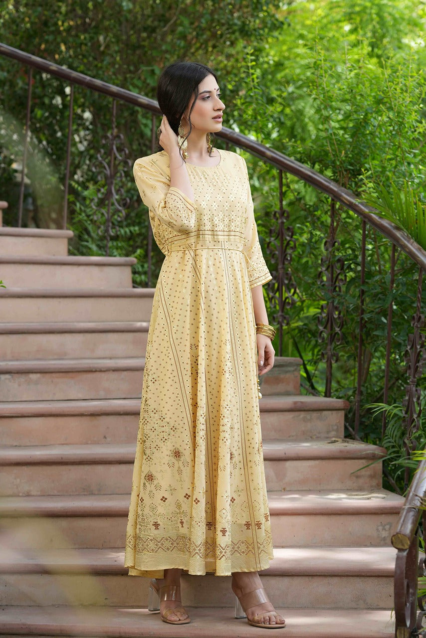 Juniper Light Yellow Georgette Festive Printed Flared Maxi For Women