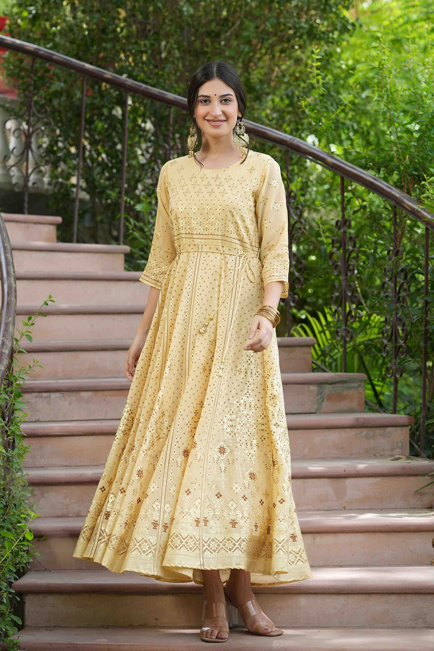 Juniper Light Yellow Georgette Festive Printed Flared Maxi For Women