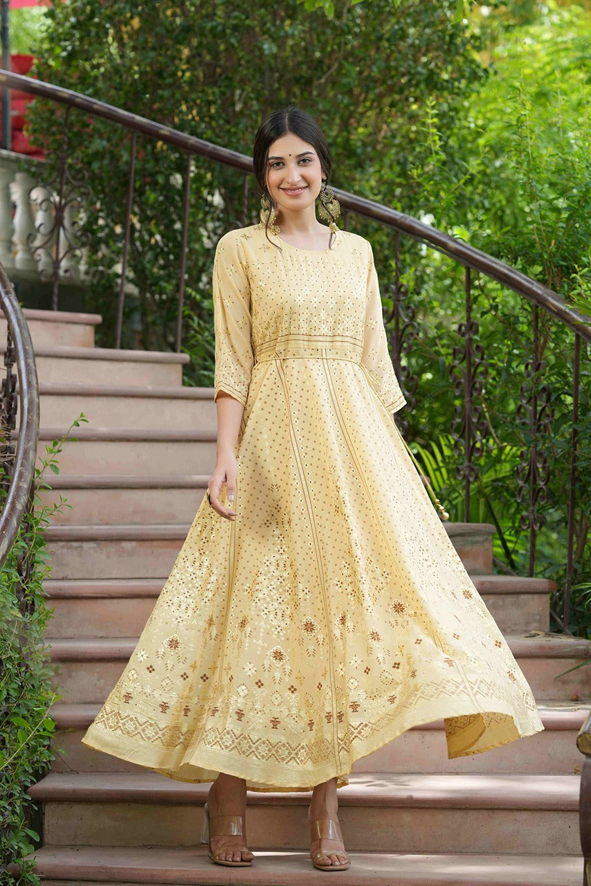 Juniper Light Yellow Georgette Festive Printed Flared Maxi For Women