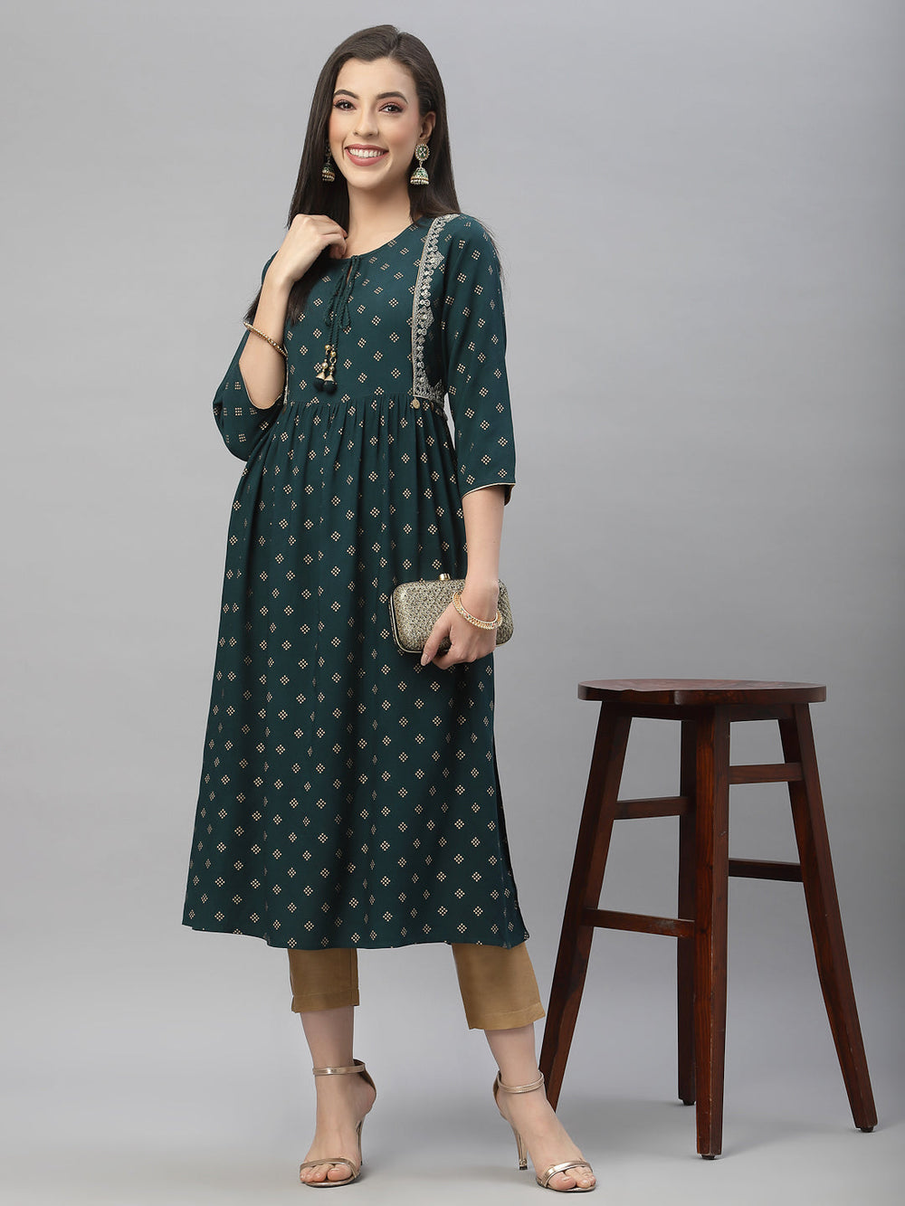 Juniper Green Rayon Festive Wear Embroidered Flared Kurta