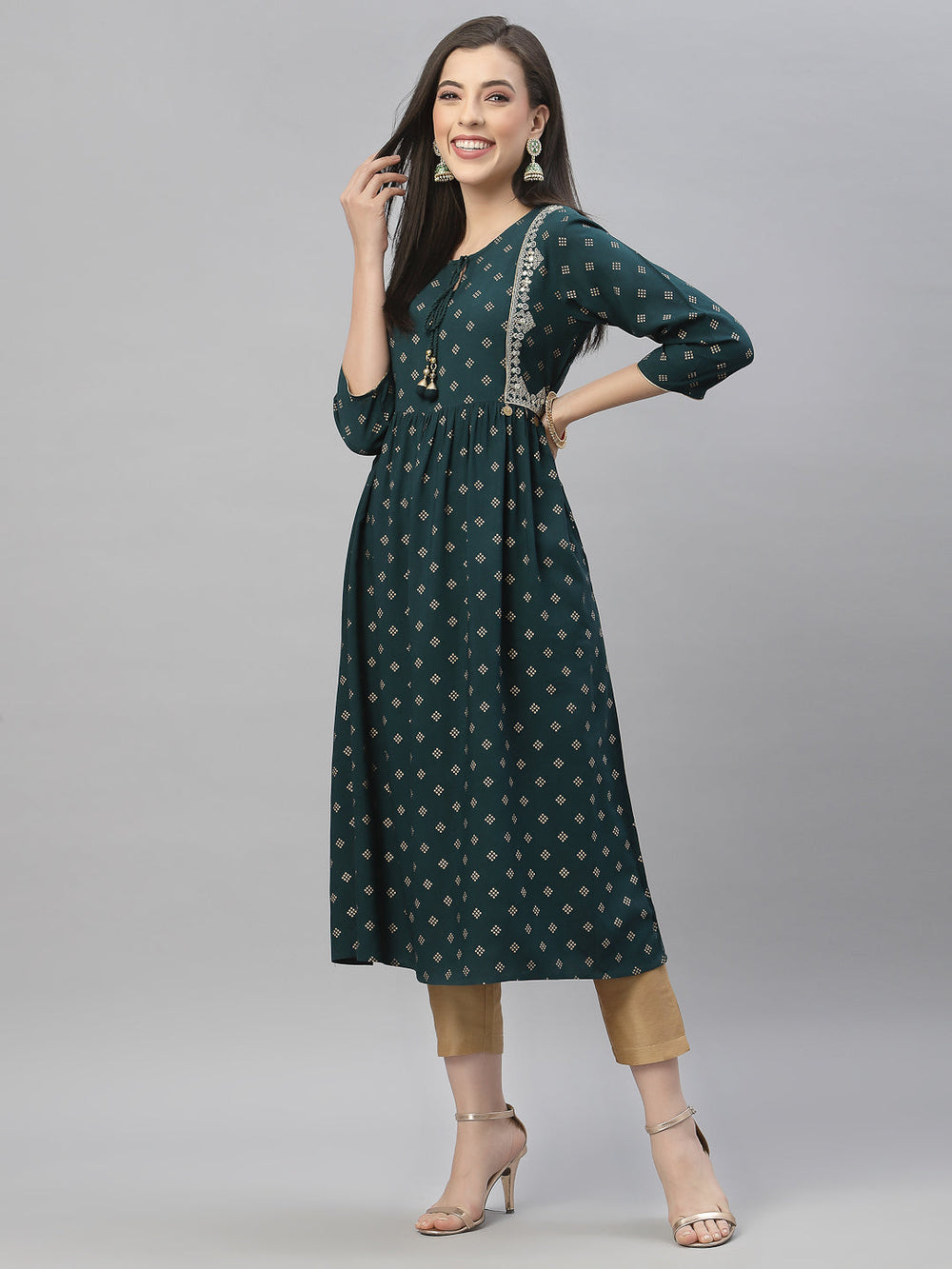 Juniper Green Rayon Festive Wear Embroidered Flared Kurta