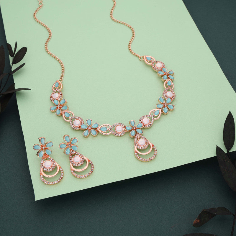 Tehzeeb Creations Rose Gold-Polished Sky Blue Colour Necklace With Stud