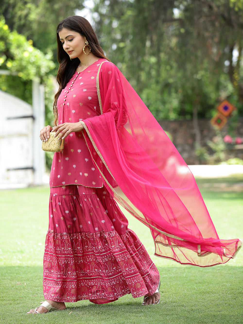 Juniper Fuchsia Mono Viscose Festive Embroidered Printed Straight Kurta Sharara Dupatta Set