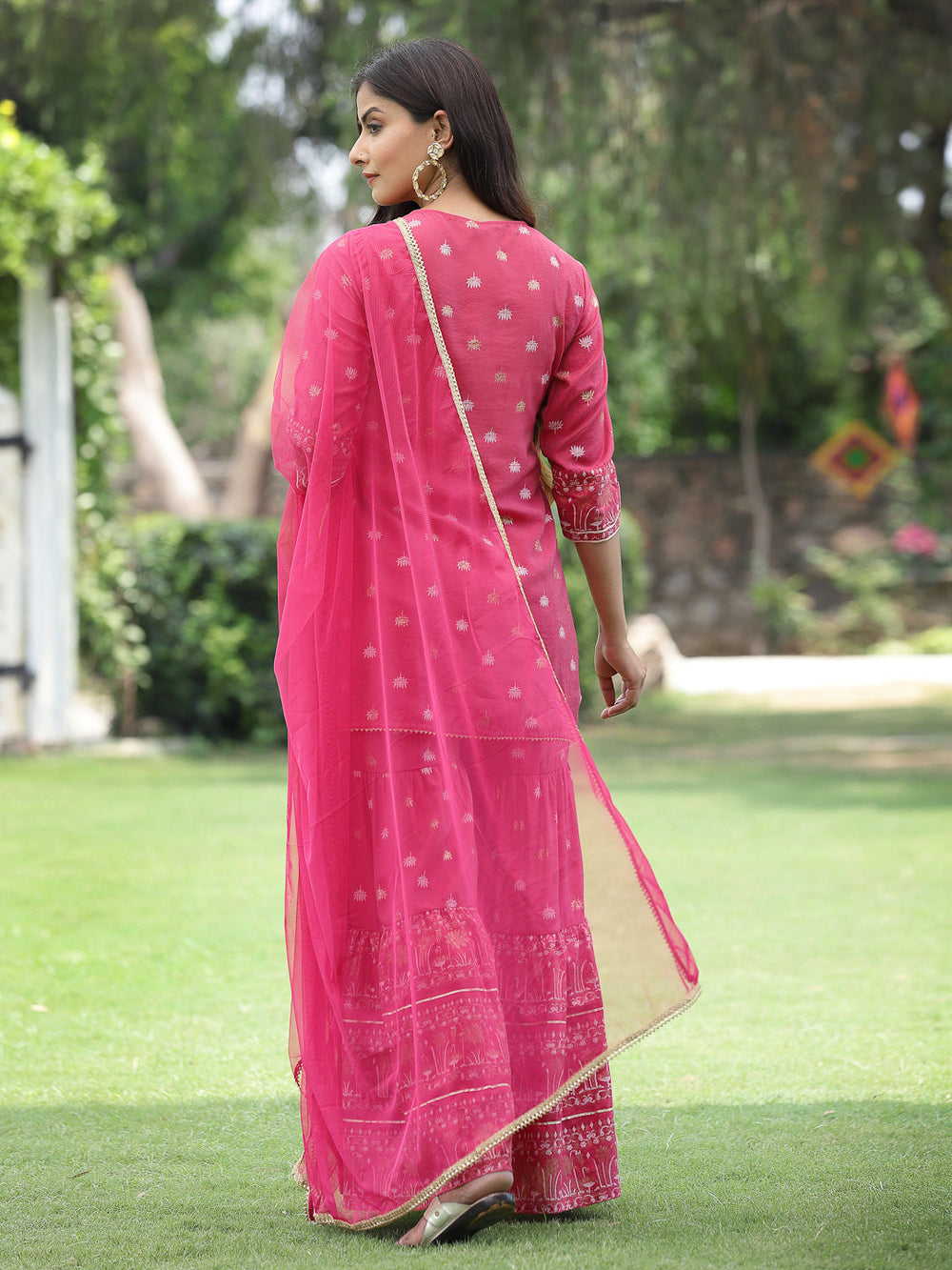 Juniper Fuchsia Mono Viscose Festive Embroidered Printed Straight Kurta Sharara Dupatta Set