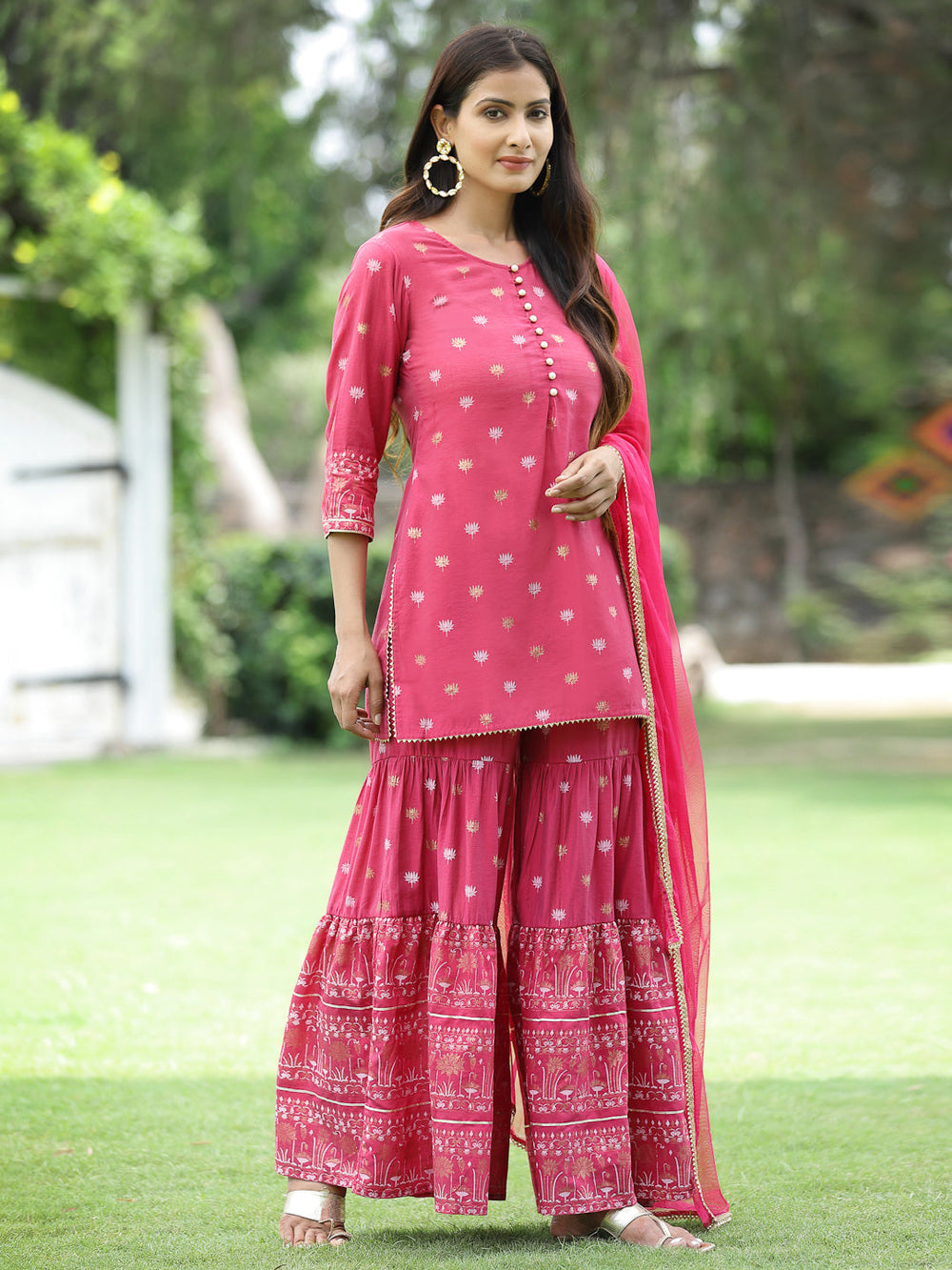 Juniper Fuchsia Mono Viscose Festive Embroidered Printed Straight Kurta Sharara Dupatta Set