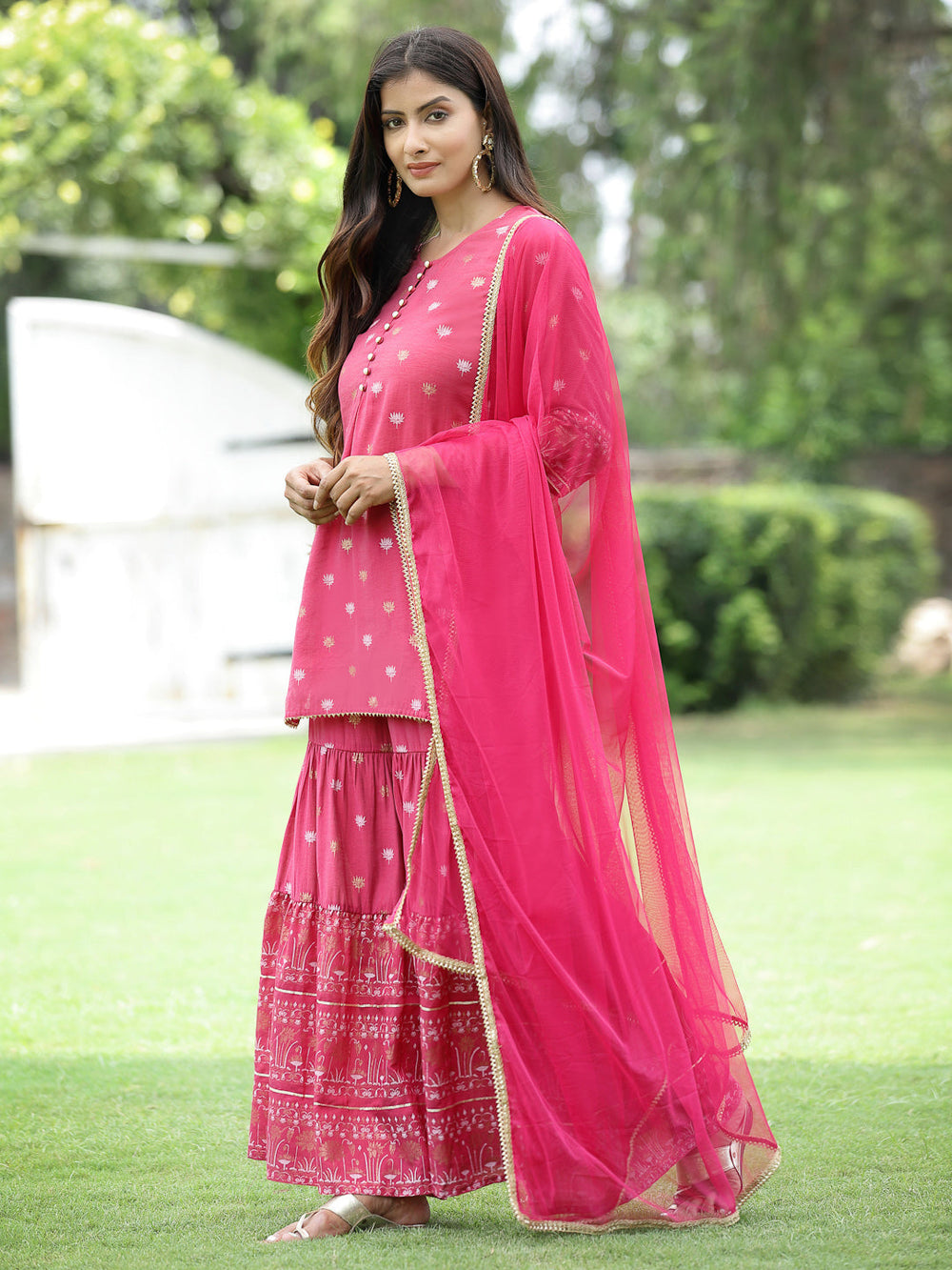 Juniper Fuchsia Mono Viscose Festive Embroidered Printed Straight Kurta Sharara Dupatta Set
