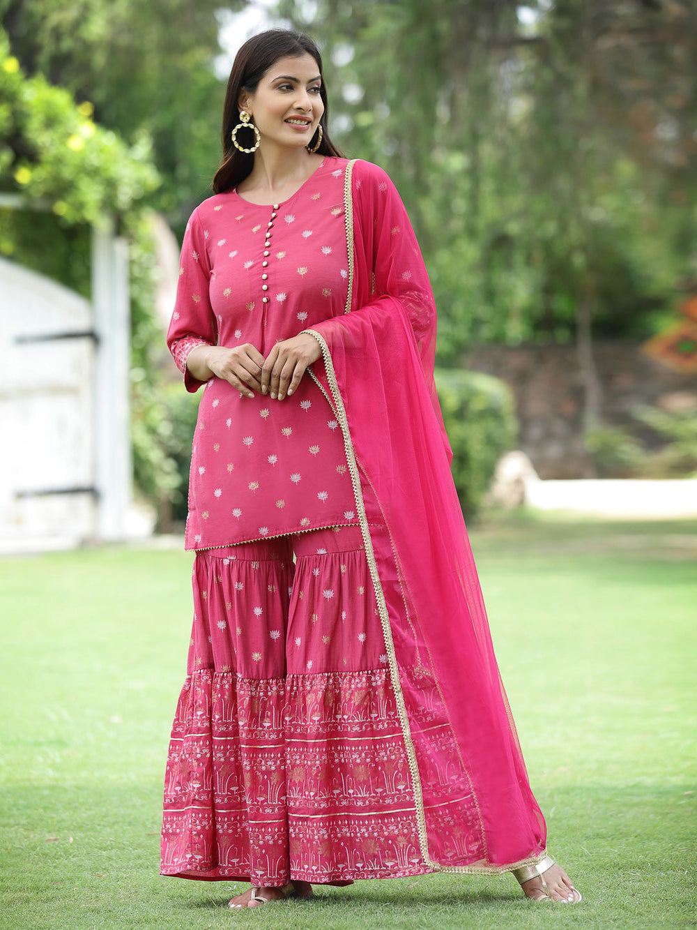 Juniper Fuchsia Mono Viscose Festive Embroidered Printed Straight Kurta Sharara Dupatta Set