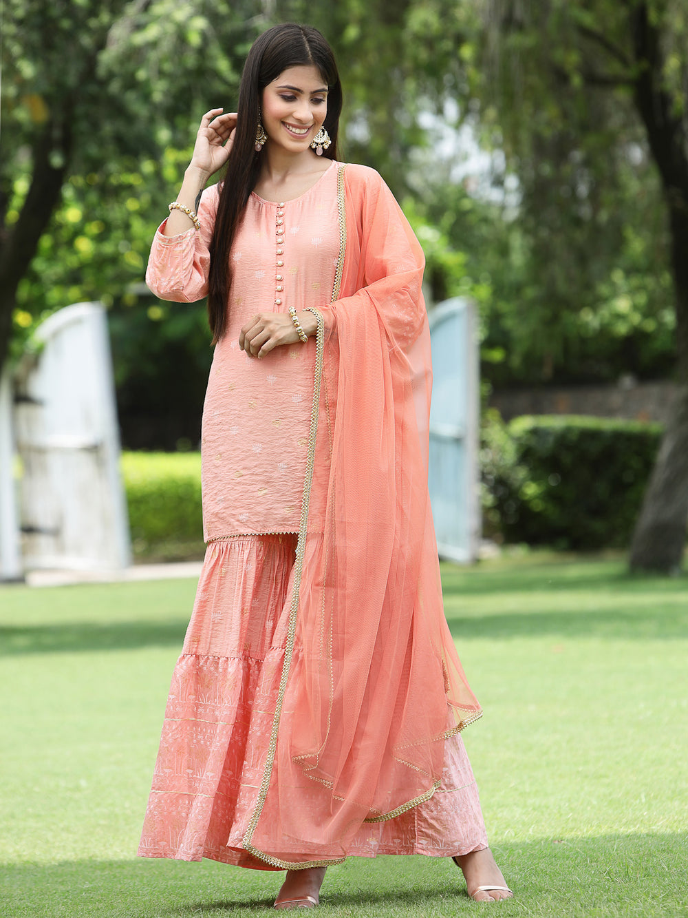 Juniper Peach Mono Viscose Festive Embroidered Printed Straight Kurta Sharara Dupatta Set