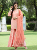 Juniper Peach Mono Viscose Festive Embroidered Printed Straight Kurta Sharara Dupatta Set