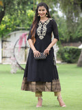 Juniper Women Black Chanderi Festive Embroidered + Printed Straight/Flared Kurta