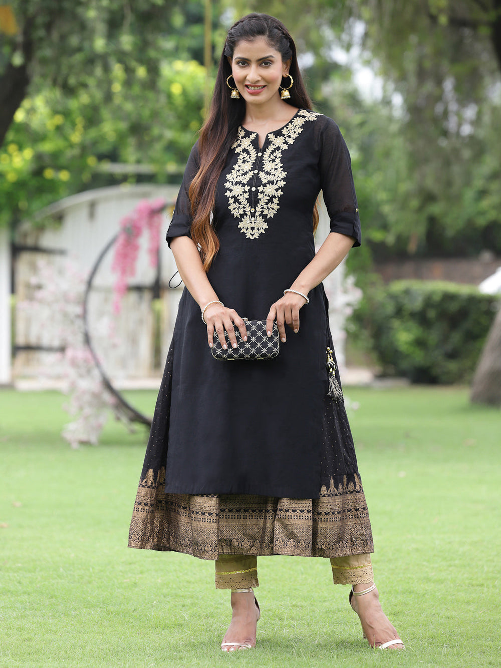Juniper Women Black Chanderi Festive Embroidered + Printed Straight/Flared Kurta