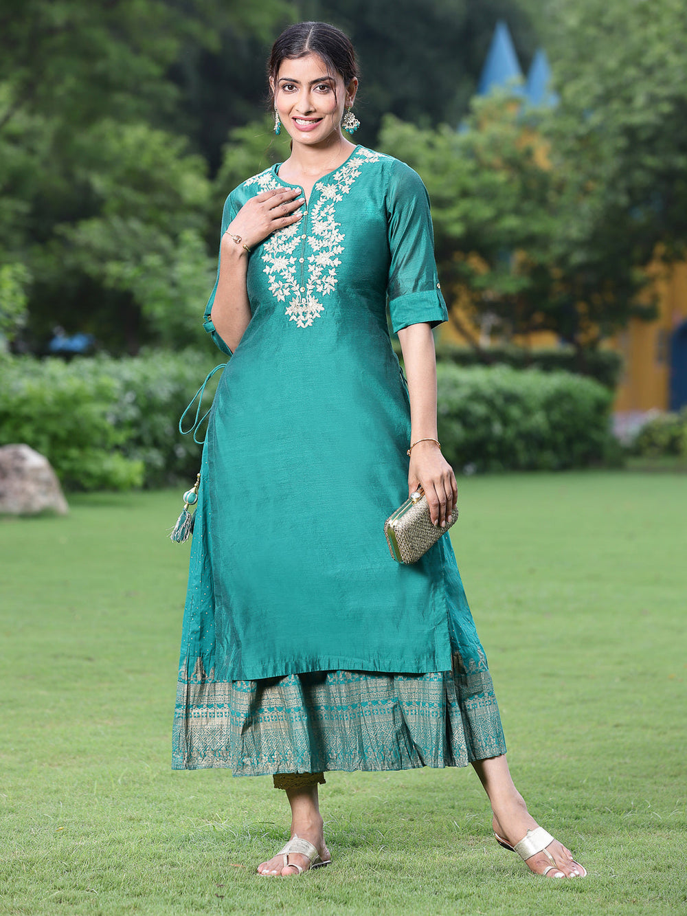 Juniper Women Bottle Green Chanderi Festive Embroidered + Printed Straight/Flared Kurta