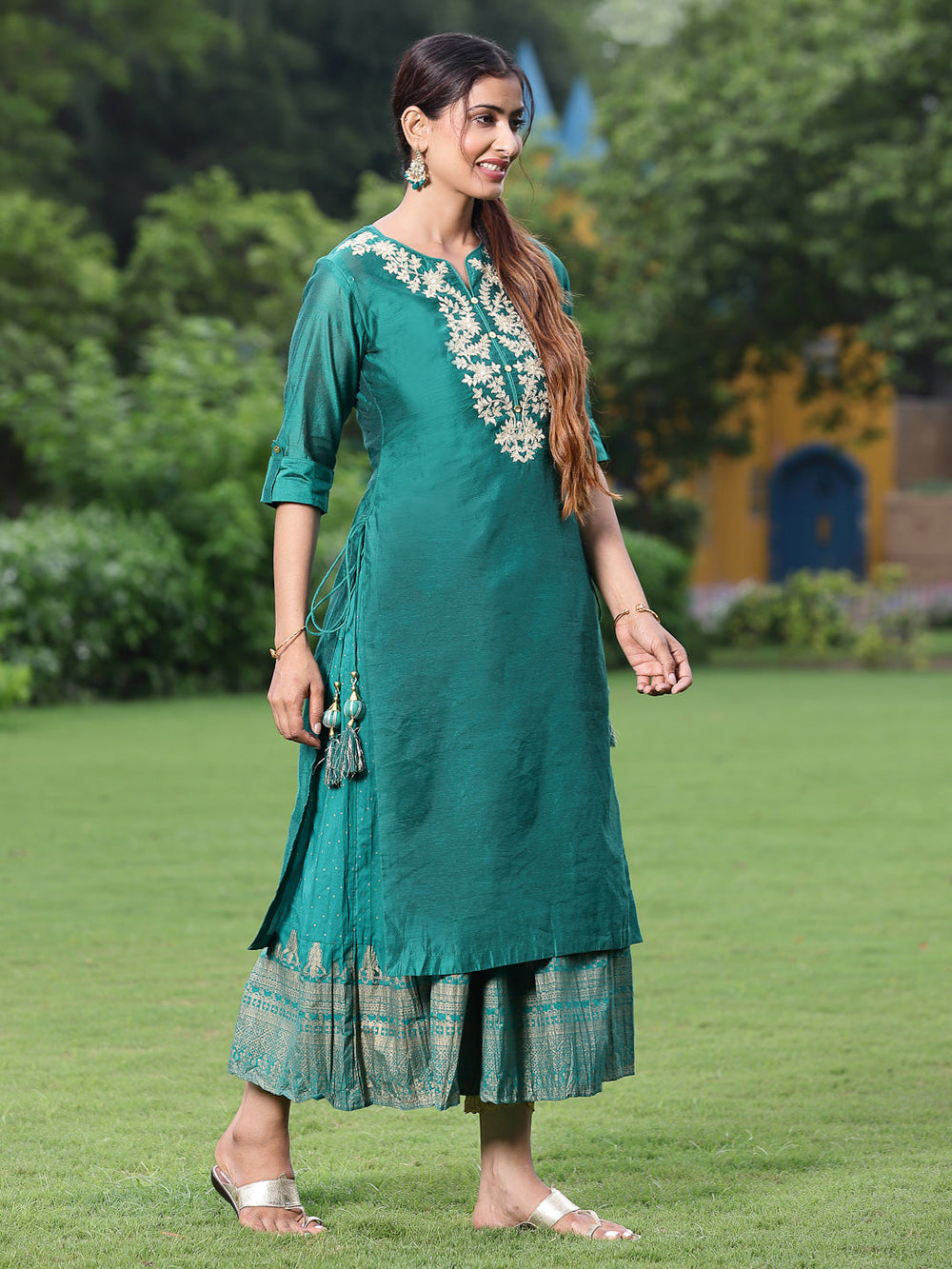 Juniper Women Bottle Green Chanderi Festive Embroidered + Printed Straight/Flared Kurta