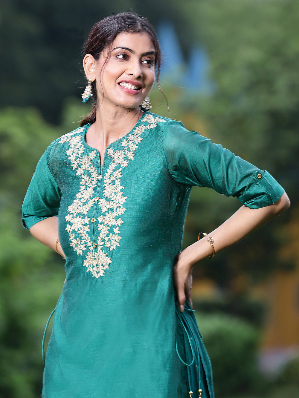 Juniper Women Bottle Green Chanderi Festive Embroidered + Printed Straight/Flared Kurta