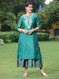 Juniper Women Bottle Green Chanderi Festive Embroidered + Printed Straight/Flared Kurta
