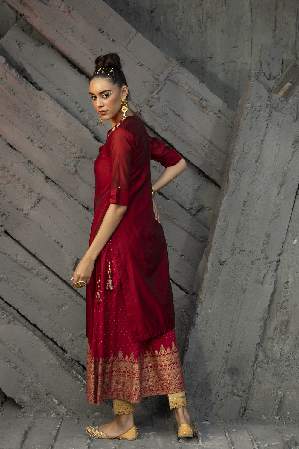 Juniper Women Maroon Chanderi Festive Embroidered + Printed Straight/Flared Kurta