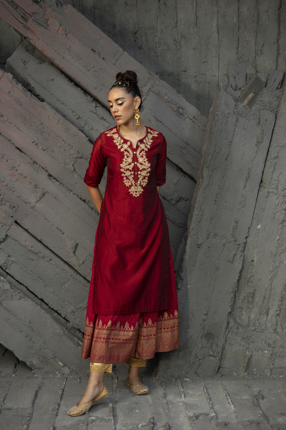 Juniper Women Maroon Chanderi Festive Embroidered + Printed Straight/Flared Kurta