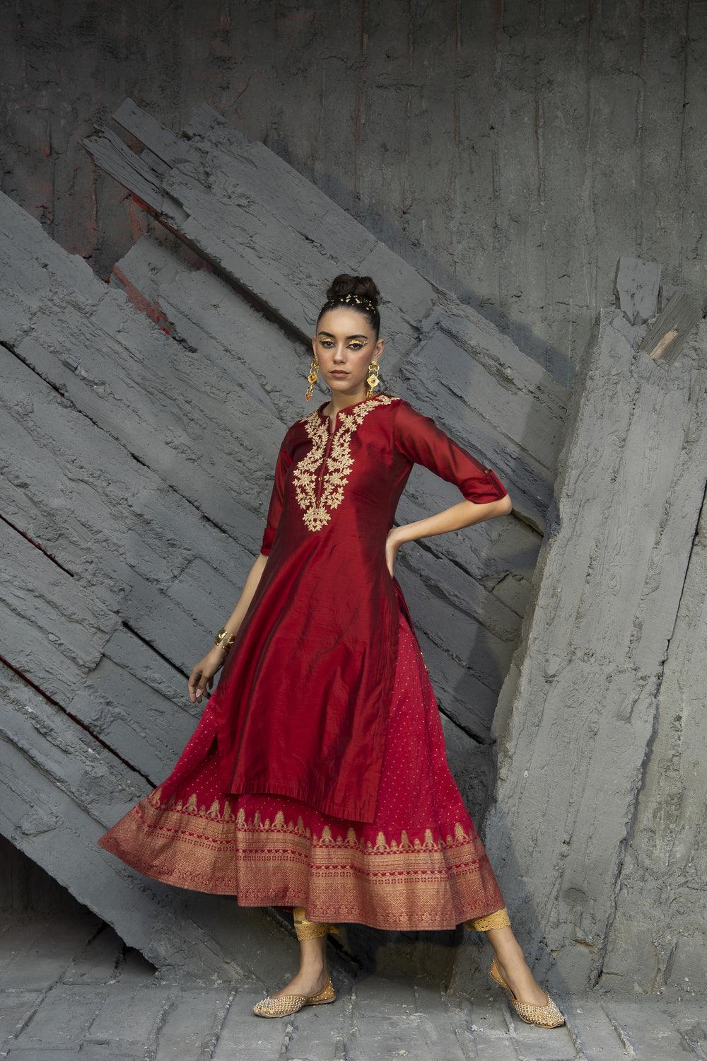 Juniper Women Maroon Chanderi Festive Embroidered + Printed Straight/Flared Kurta