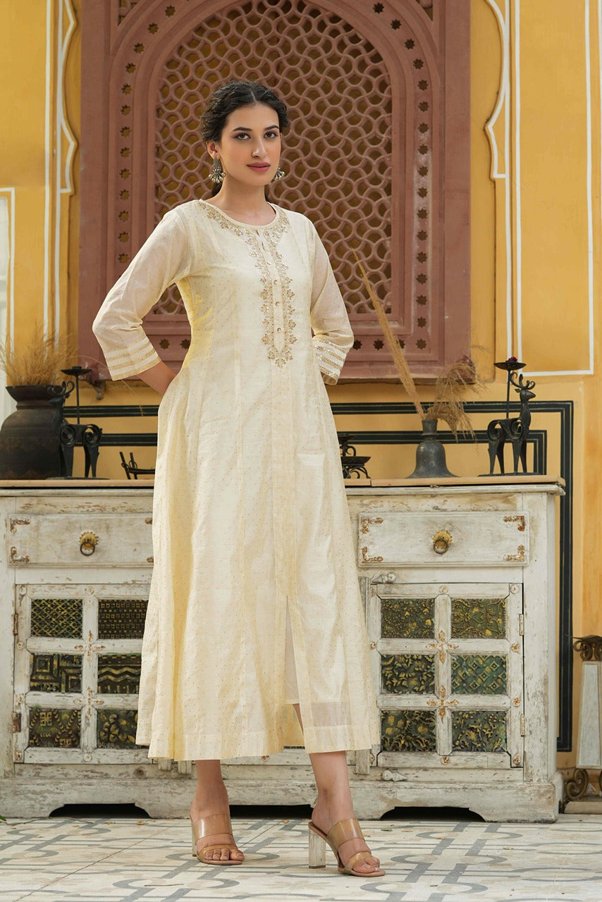 Juniper Beige Chanderi Festive Embroidered Polka Dot Printed Flared Kurta For Women