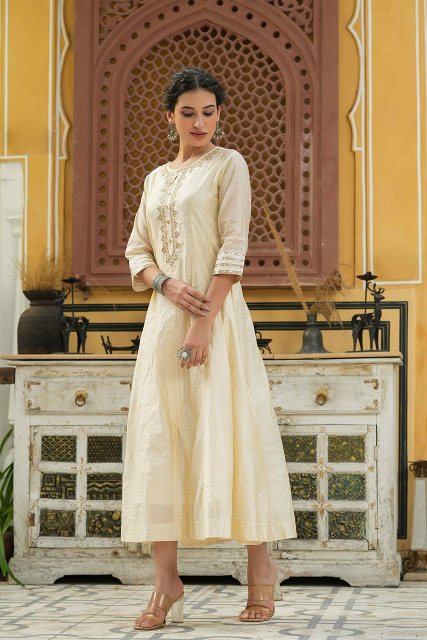 Juniper Beige Chanderi Festive Embroidered Polka Dot Printed Flared Kurta For Women