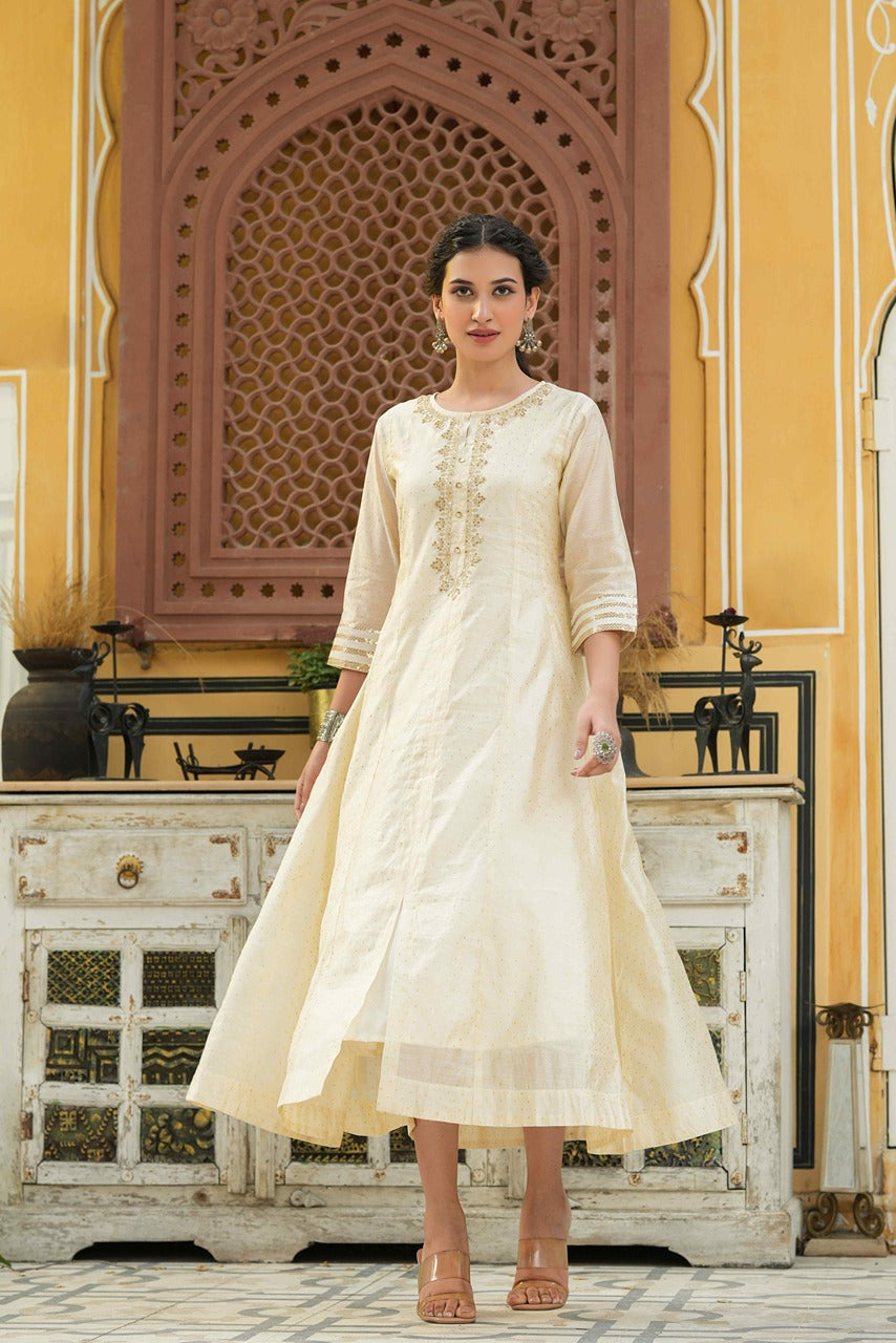 Juniper Beige Chanderi Festive Embroidered Polka Dot Printed Flared Kurta For Women