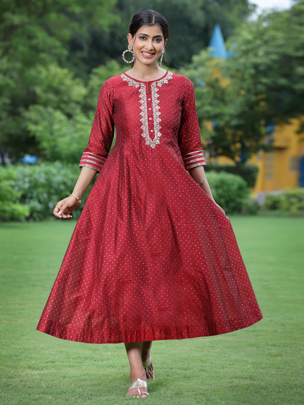Juniper Women Maroon Chanderi Festive Embroidered + Polka Dot Printed Flared Kurta