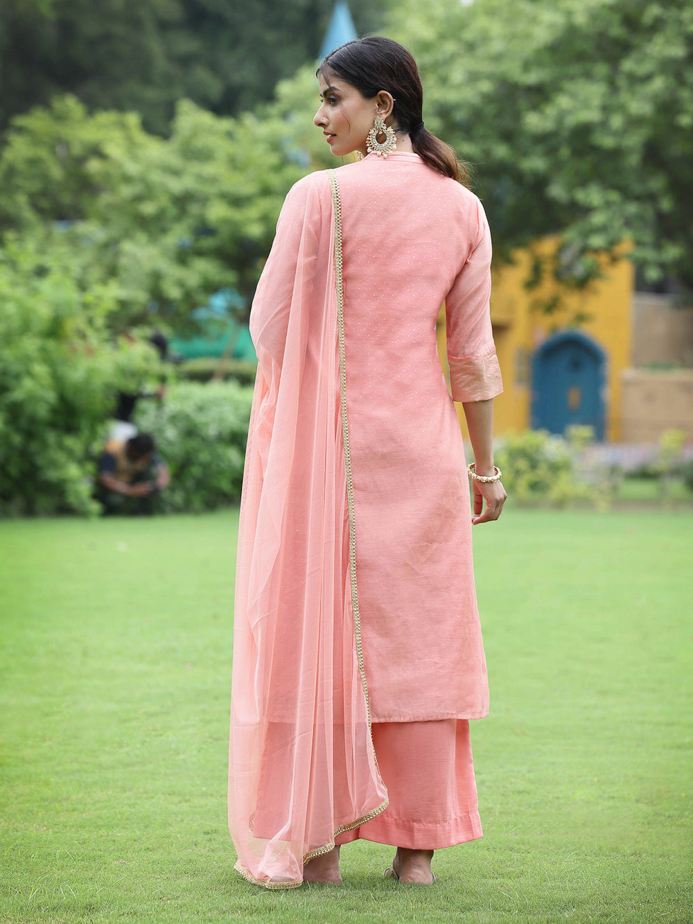 Juniper Peach Chanderi Festive Embroidered Polka Dot Printed A-line Kurta Set