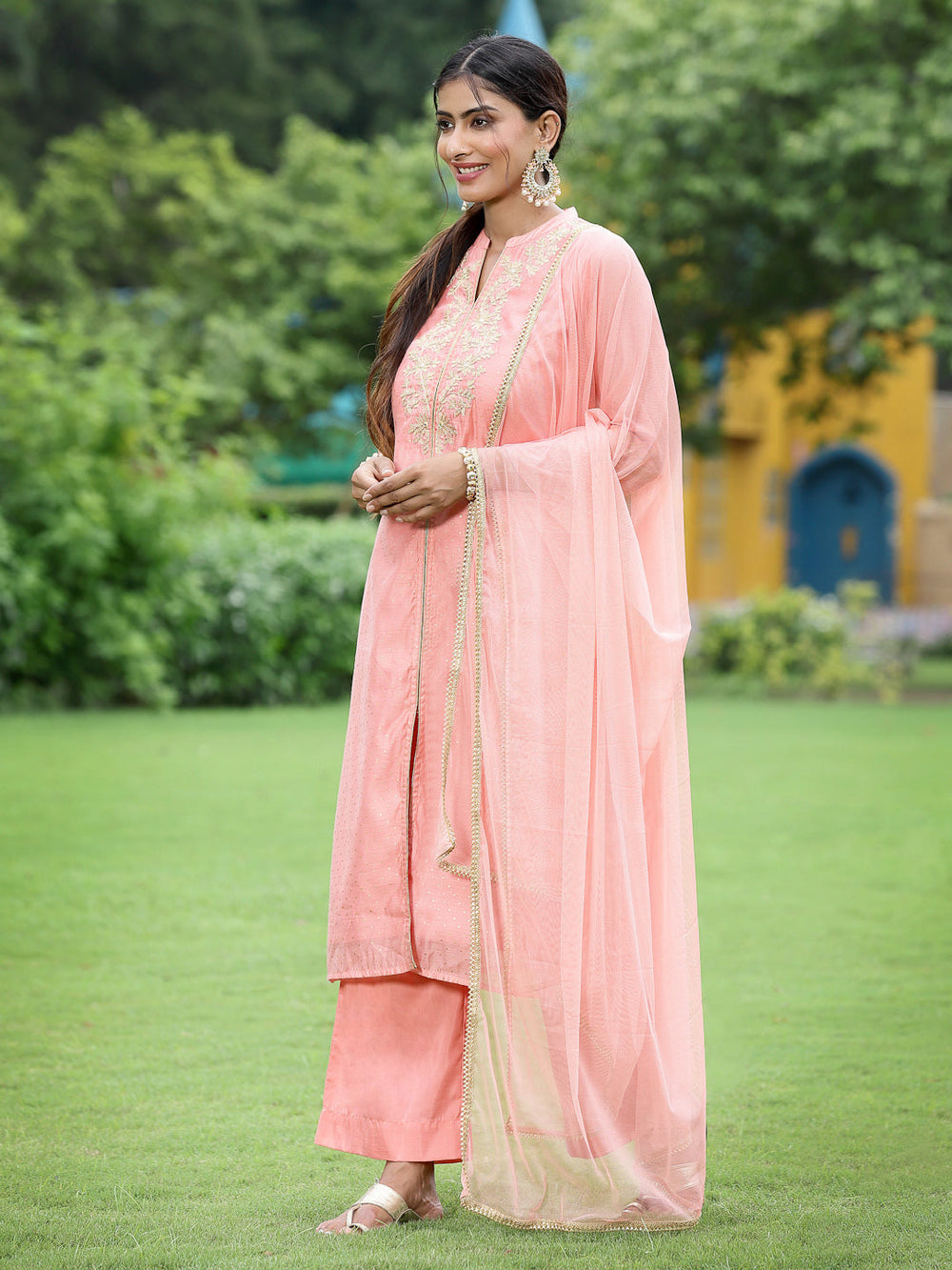 Juniper Peach Chanderi Festive Embroidered Polka Dot Printed A-line Kurta Set