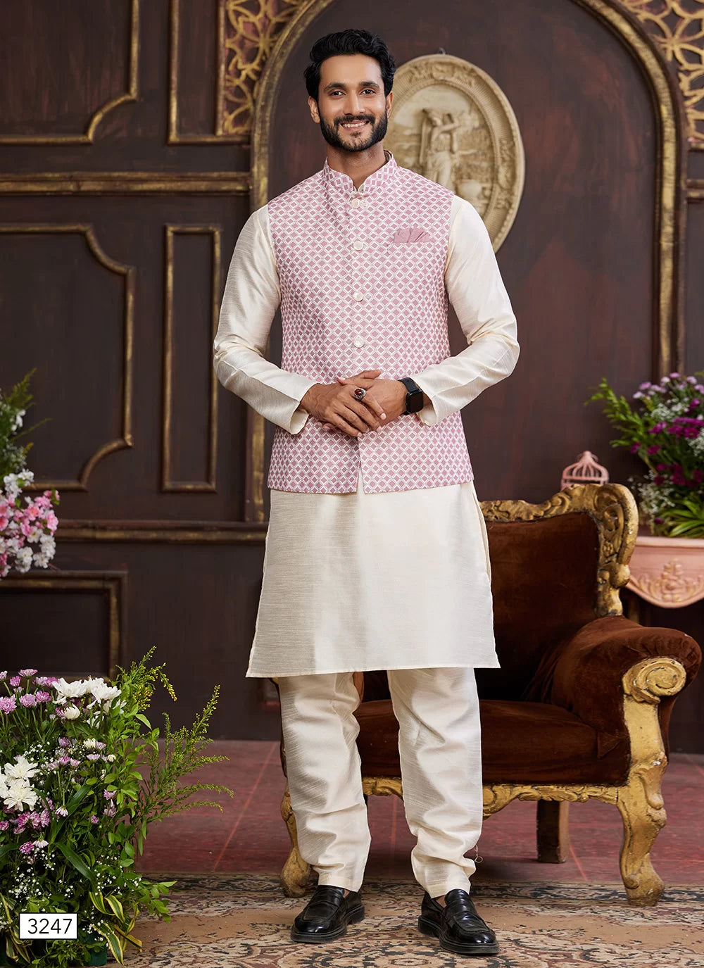 Raivat Ethnic Art Silk Digital Print Work Jacket Set In Pink and Beige Colour