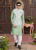 Raivat Ethnic Art Silk Digital Print Work Jacket Set In Light Green Colour