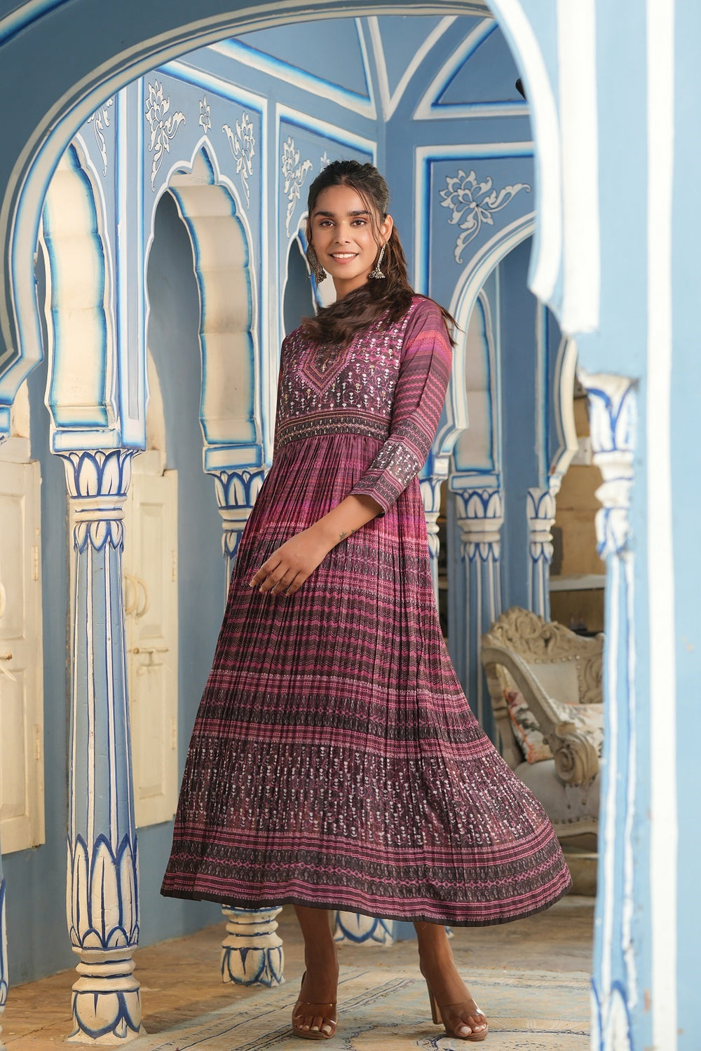 Juniper Multi Muslin Festive Printed Flared Kurta For Women
