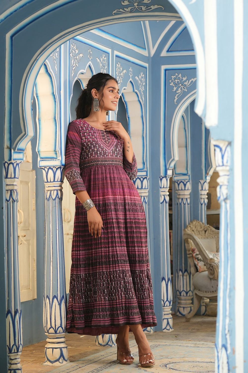 Juniper Multi Muslin Festive Printed Flared Kurta For Women
