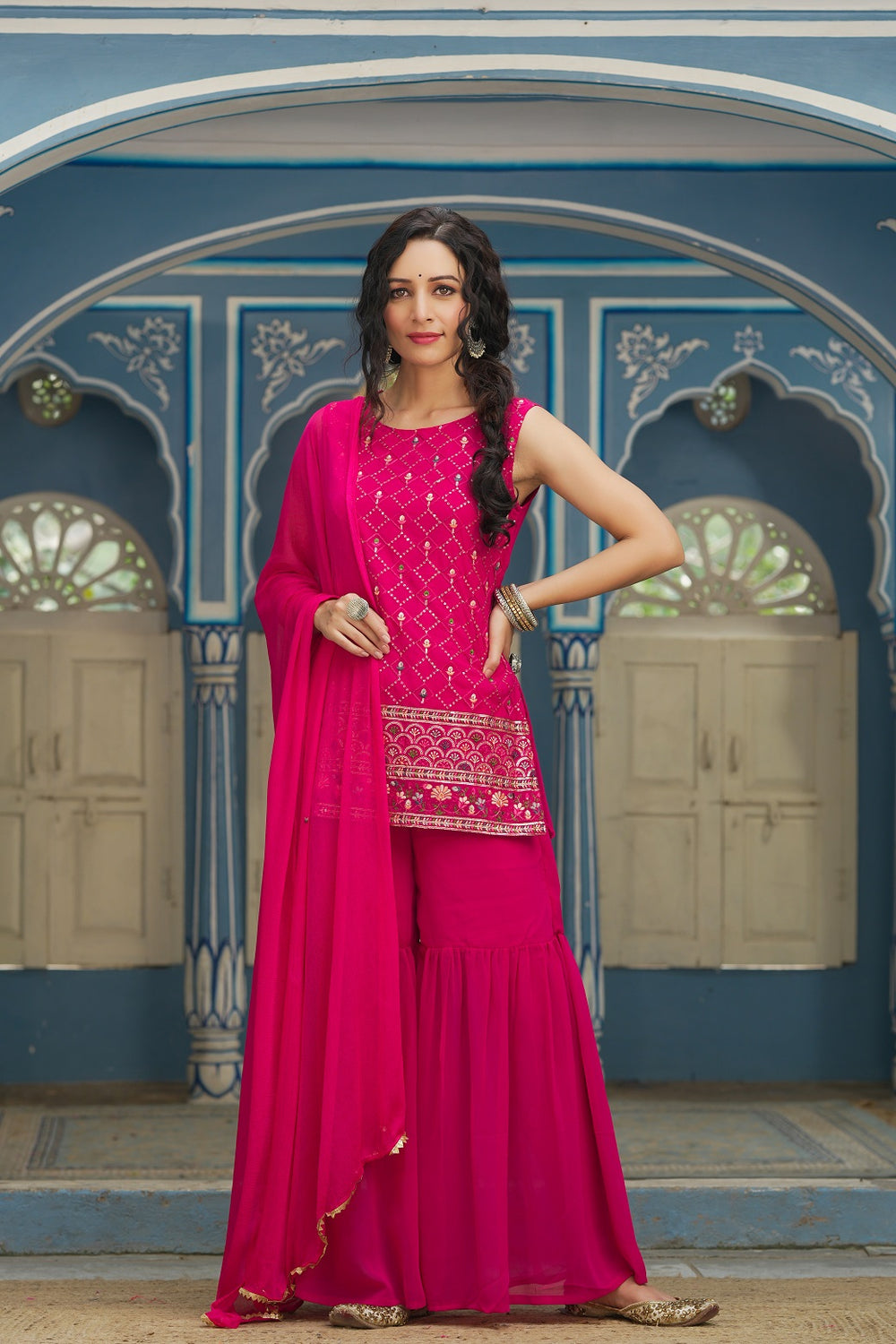 Juniper Fuchsia Georgette Festive Embroidered Straight Kurta Sharara Dupatta Set For Women