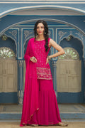 Juniper Fuchsia Georgette Festive Embroidered Straight Kurta Sharara Dupatta Set For Women