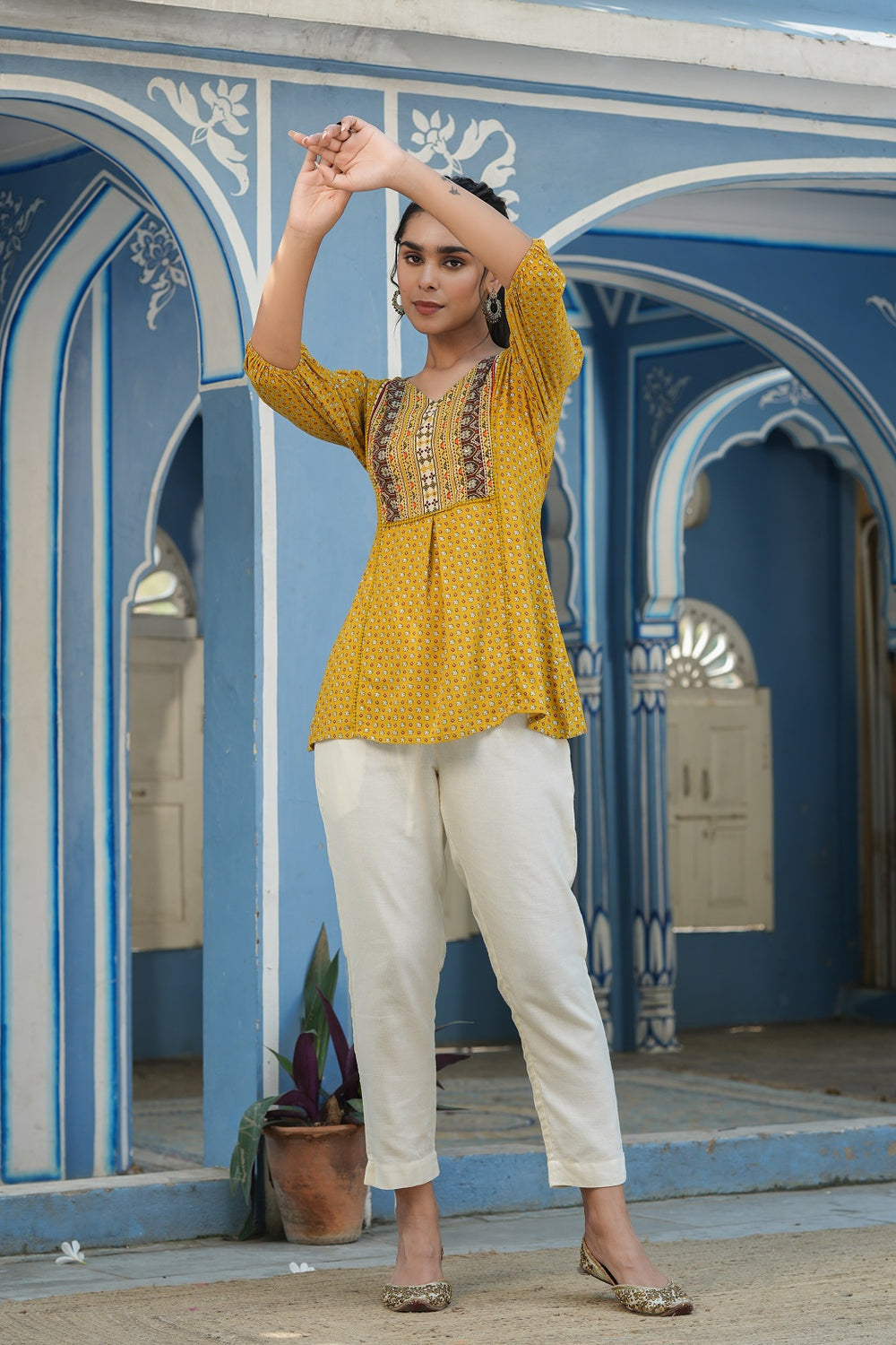 Juniper Mustard Rayon Festive Printed A-Line Tunic For Women