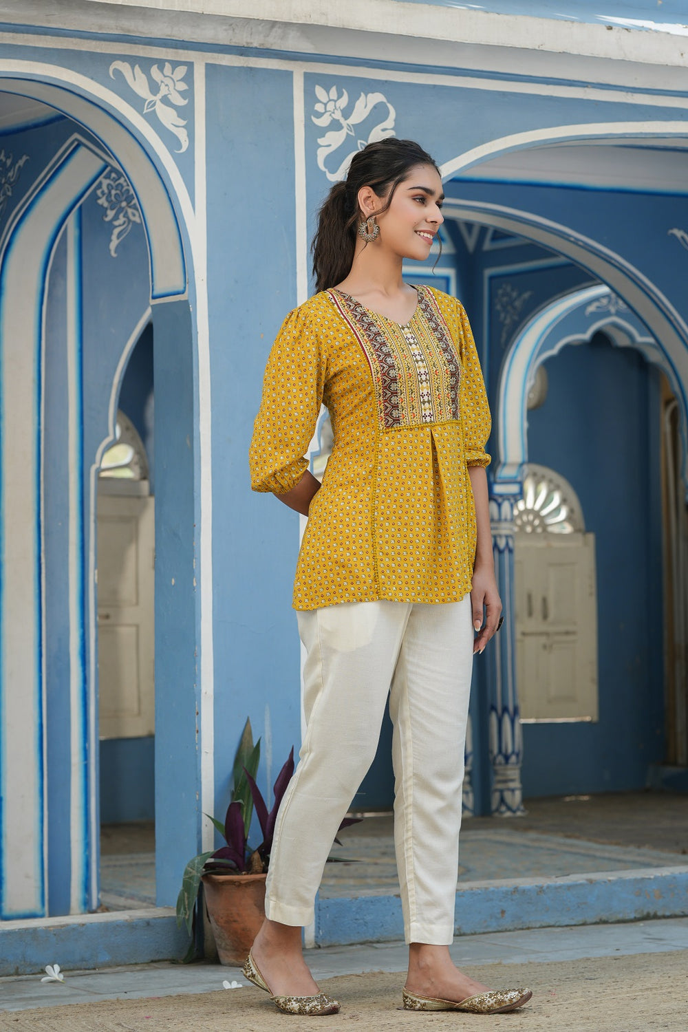 Juniper Mustard Rayon Festive Printed A-Line Tunic For Women