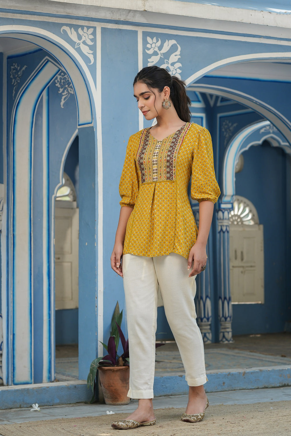 Juniper Mustard Rayon Festive Printed A-Line Tunic For Women
