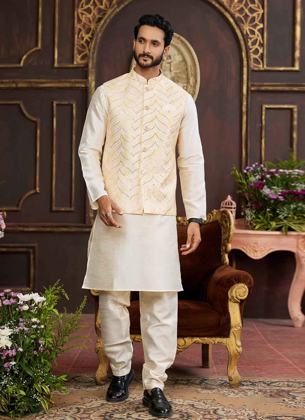 Raivat Ethnic Art Silk Digital Print Work Jacket Set In Light Yellow Colour