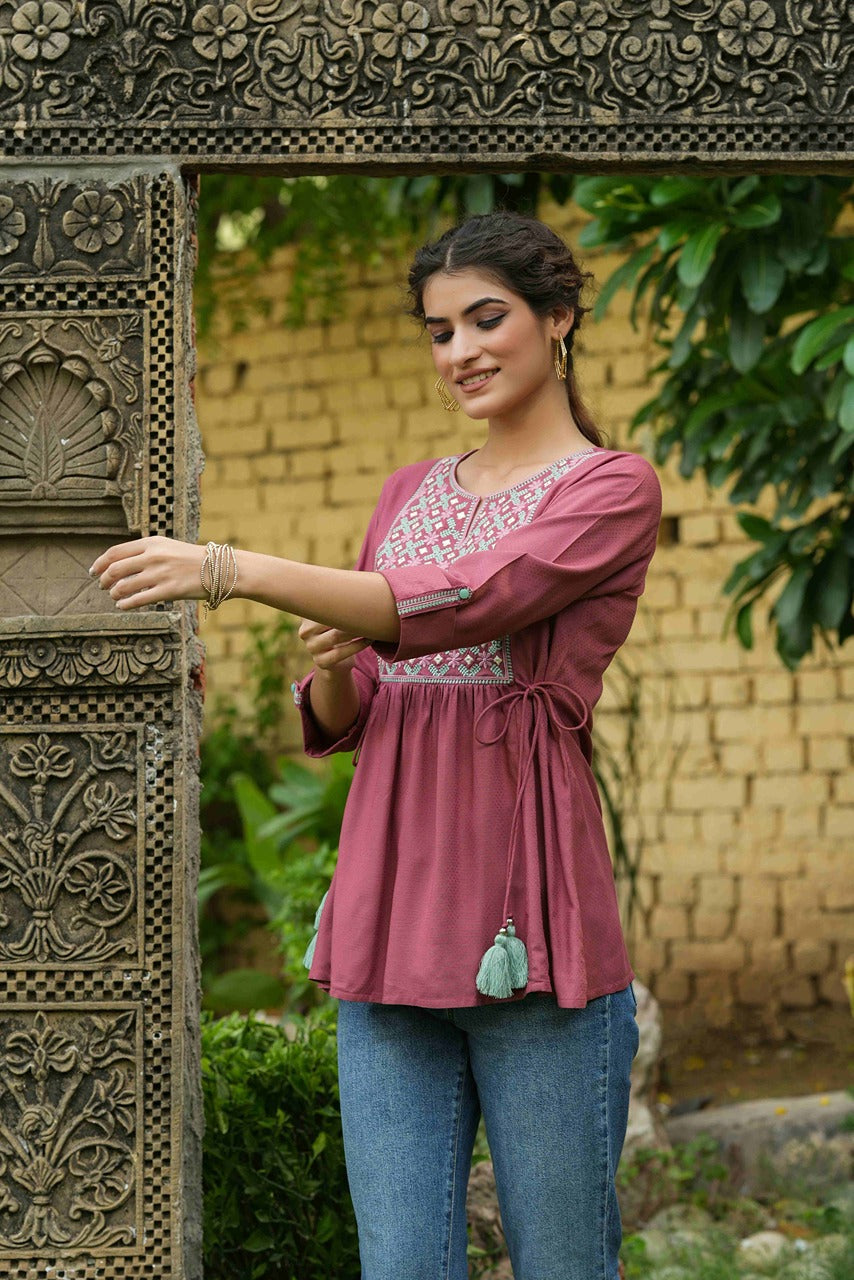Juniper Onion Pink Rayon Festive Embroidered A-Line Tunic For Women