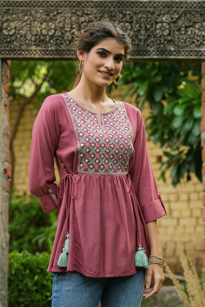 Juniper Onion Pink Rayon Festive Embroidered A-Line Tunic For Women
