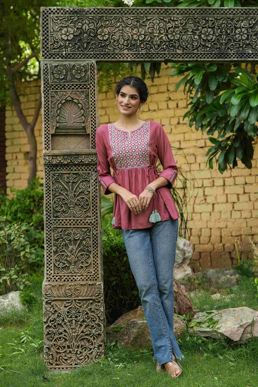 Juniper Onion Pink Rayon Festive Embroidered A-Line Tunic For Women