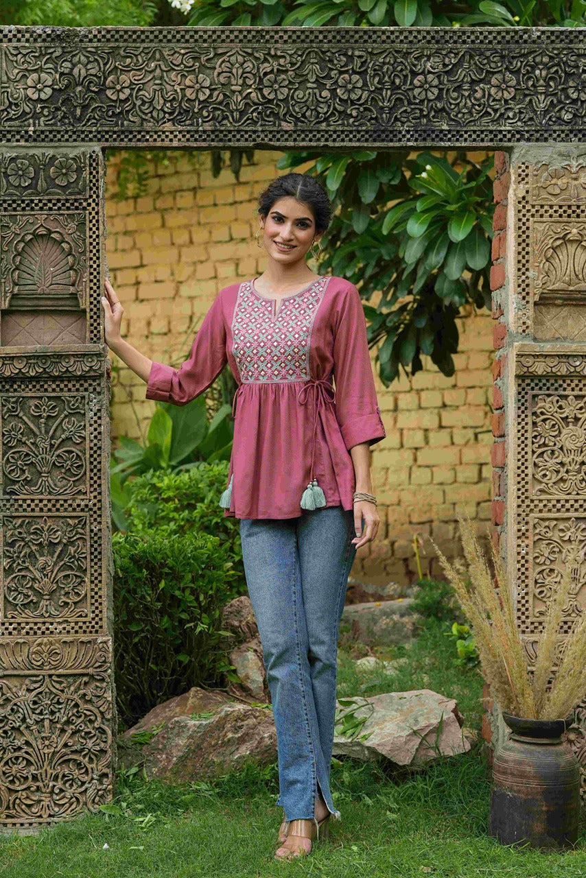 Juniper Onion Pink Rayon Festive Embroidered A-Line Tunic For Women