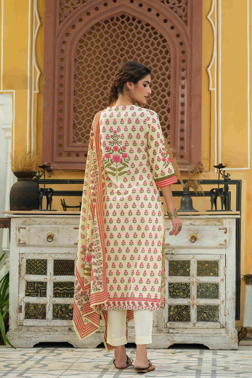 Juniper Ivory Rayon Slub Fusion Polka Print Kurta Set For Women