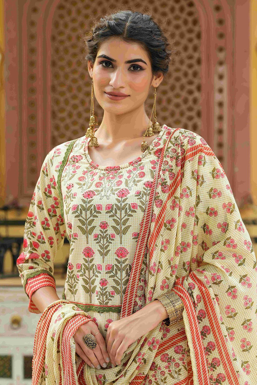 Juniper Ivory Rayon Slub Fusion Polka Print Kurta Set For Women