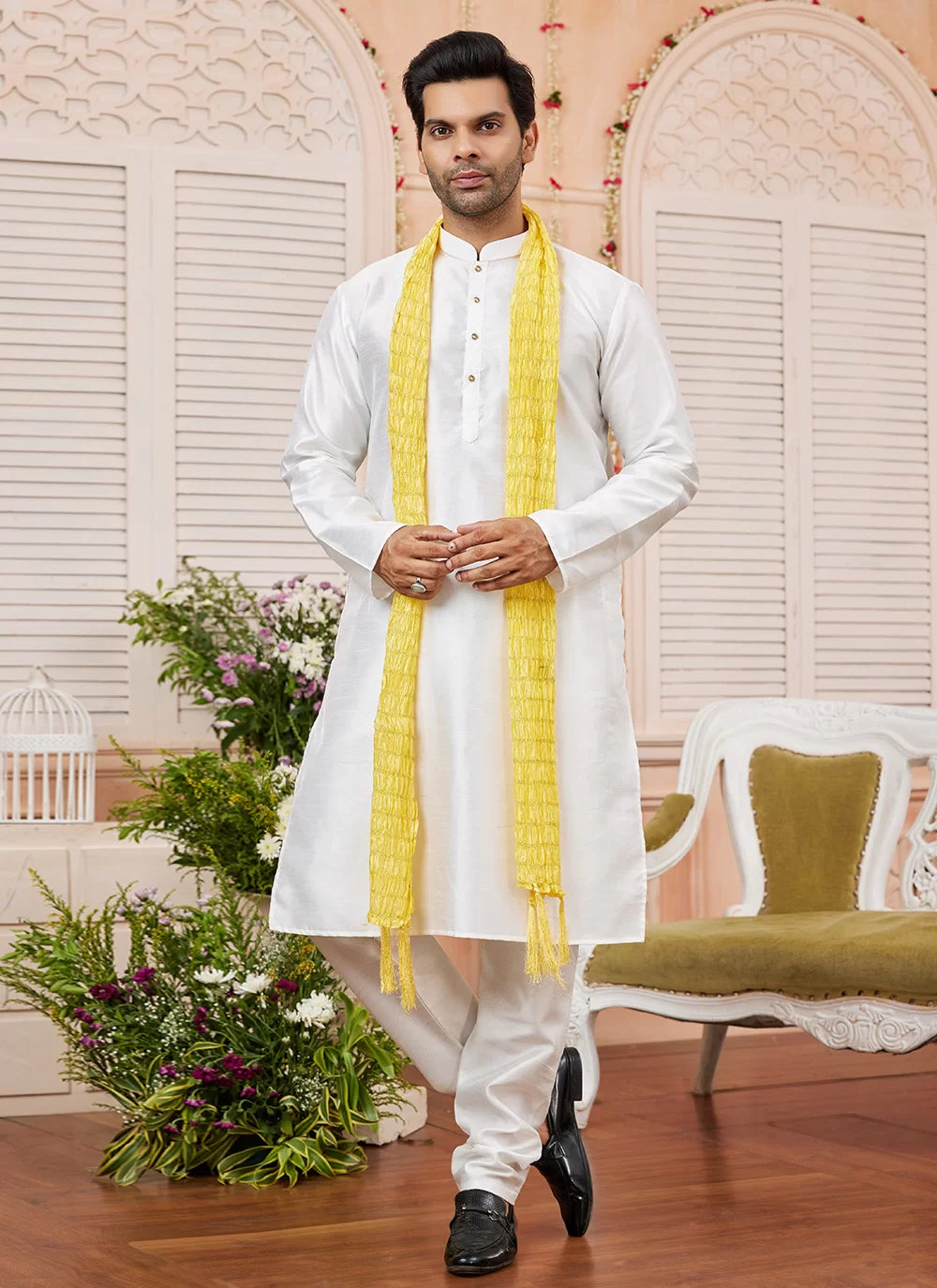 Raivat Ethnic Cream Colour Art Silk Kurta Pajama With Matching Dupatta